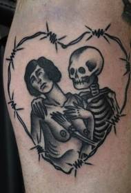 Širdies formos skeletas su nuogos moters tatuiruotės modeliu