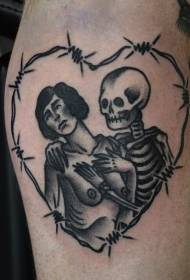 Scheletro a forma di cuore con motivo tatuaggio donna nuda