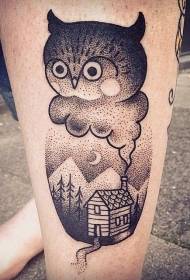 Borjú fekete szúró furcsa bagoly és éjszakai ház tetoválás mintát