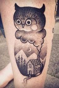 Kalf zwart prikken vreemde uil en nacht huis tattoo patroon