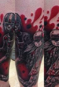 Kallef faarweg bluddege Cartoon Meedchen mat Mann Maske Tattoo Muster