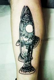 Ang mga binti ng kahanga-hangang itim na estilo ng pag-ukit ng mga isda at pattern ng tattoo ng landscape