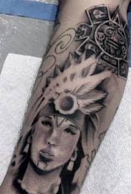 Shank Indian woman portrait with tribal piece combined tattoo pattern