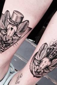 Calf engraving style black cute cat tattoo pattern