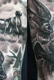 다양한 조류 및 동물 문신 디자인의 검은 색과 회색 스타일