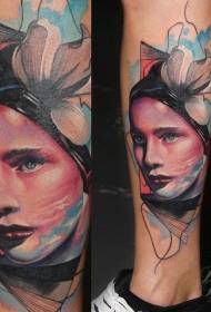 Calf colored woman portrait with flower tattoo pattern