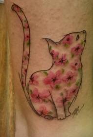 Міні-чорний силует кішки з візерунком татуювання рожева квітка