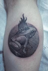 Broască neagră în stil de gravură cu șos, cu model de tatuaj cu flăcări
