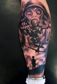 Maschera antigas nera nera in vitello con modello di tatuaggio del ragazzino dell'aeroplano