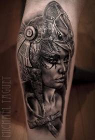 Reális stílusú fekete-fehér egyiptomi istennő szár tetoválás minta