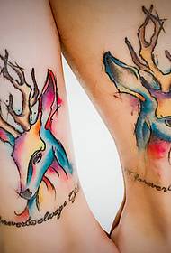 Tatuaggio di coppia ritratto testa di cervo splendido e colorato