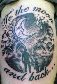Modello commemorativo in bianco e nero del ritratto della donna del padre e modello del tatuaggio della lettera della luna