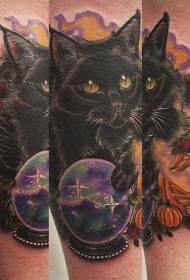 Bellissimo modello di tatuaggio gatto nero e sfera magica con gambo colorato