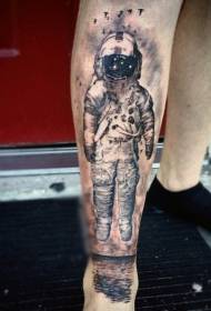 小腿海面黑白宇航员与飞鸟纹身图案