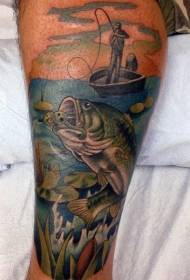 Modello del tatuaggio colorato gancio stile pesce vitello del fumetto