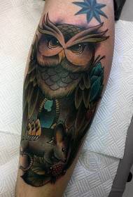 Calf old school color owl catch mouse tattoo pattern