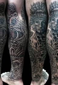Calf black and white incredible Mayan tribal women and sculpture tattoo pattern