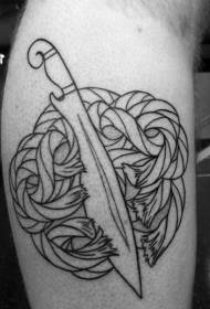 Calf simple black line dagger tattoo pattern