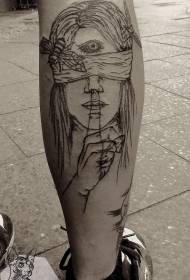 Эскиз черенка в стиле чёрная линия женщины с бинтами и рисунком татуировки пчелы