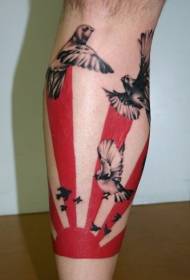 小腿亞洲風格的太陽與飛鳥紋身圖案
