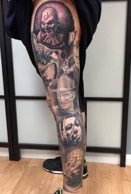 腿部黑白写实的各种恐怖电影角色纹身图案