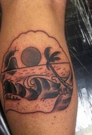Modello di tatuaggio di vitello con punta nera sul mare e paesaggi