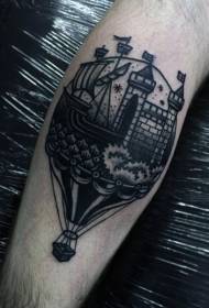 Balon cielęcy starej szkoły czarny z wzorem tatuażu łodzi i zamku