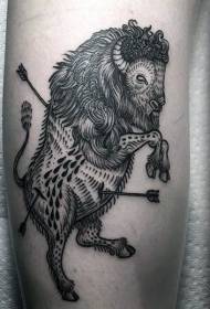 Graveren stijl zwarte lijn koe en pijl tattoo patroon