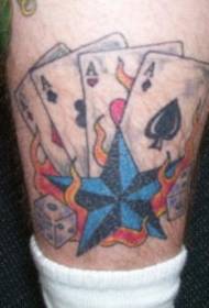 Leg color playing cards and pentagram tattoo
