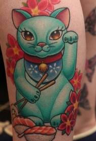 Patrón de tatuaje de sushi japonés de dibujos animados de gato de suerte y flor de mango