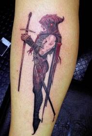 Bărbat demon negru de vițel și model ascuțit tatuaj pistol