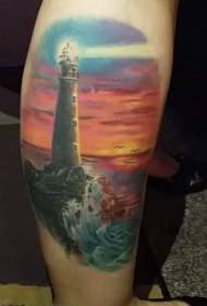 Modello meraviglioso del tatuaggio di tramonto del faro colorato dello stinco