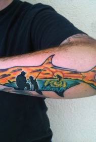 Men's arm shark graphic landscape tattoo pattern