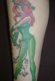 Shank ლამაზი მწვანე გოგონა წითელი თმა მცენარეთა tattoo ნიმუშით