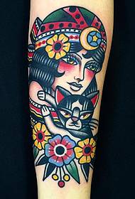 Calf old school tribal girl and cat tattoo pattern
