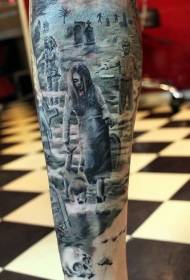 Shanko siaubo filmo zombių vaikų kapinių tatuiruotės modelis
