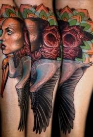 Leg mysterious woman with bird and planet tattoo pattern