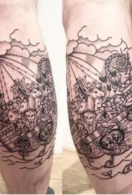Barca a vela nera stile incisione vitello con vari motivi di tatuaggi di animali