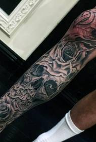 Calf black skull with rose spider web tattoo pattern