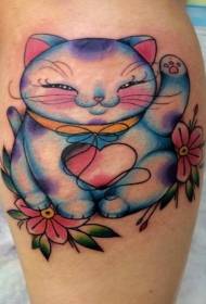 Modello di tatuaggio sorridente del gatto e del fiore di stile dell'illustrazione della gamba sorridente
