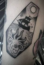 Simple black coffin with sailing octopus tattoo pattern