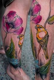 Model de tatuaj de flori de pasăre în acuarelă de vițel