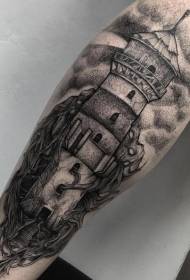 Calf old school black and white pricking lighthouse tattoo pattern