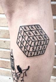 Shank snaakse swart kubus met verskillende valutasimbole tatoeëringpatroon