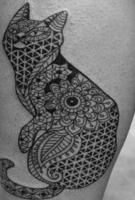 Calf decorative style black cat with various ornaments tattoo pattern