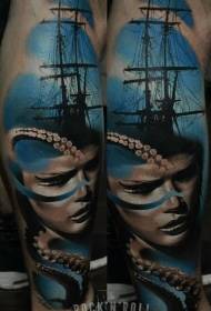 Kalf zeilboot vrouw portret en octopus tattoo patroon