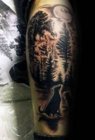 Spalvingas tatuiruotės raštas tamsiame miške