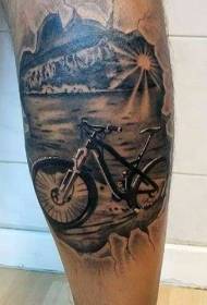 Modèle de tatouage de bicyclette et de rive du lac réaliste de veau noir