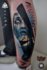 Shank ქალი პორტრეტი ხაზის დეკორატიული tattoo ნიმუშით