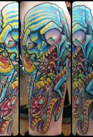 Kalfkleurige tekenfilmslang en zombie-tatueringspatroan
